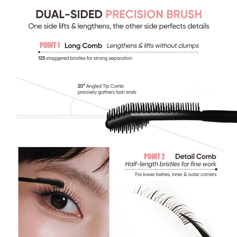 JUDYDOLL Pin Point Mascara features a dual-sided brush that lifts, lengthens, and defines every lash. With 125 staggered bristles and a precision detail comb, it delivers clump-free, photo-ready lashes from root to tip. Long-lasting, smudge-resistant, and perfect for both everyday wear and bold looks.