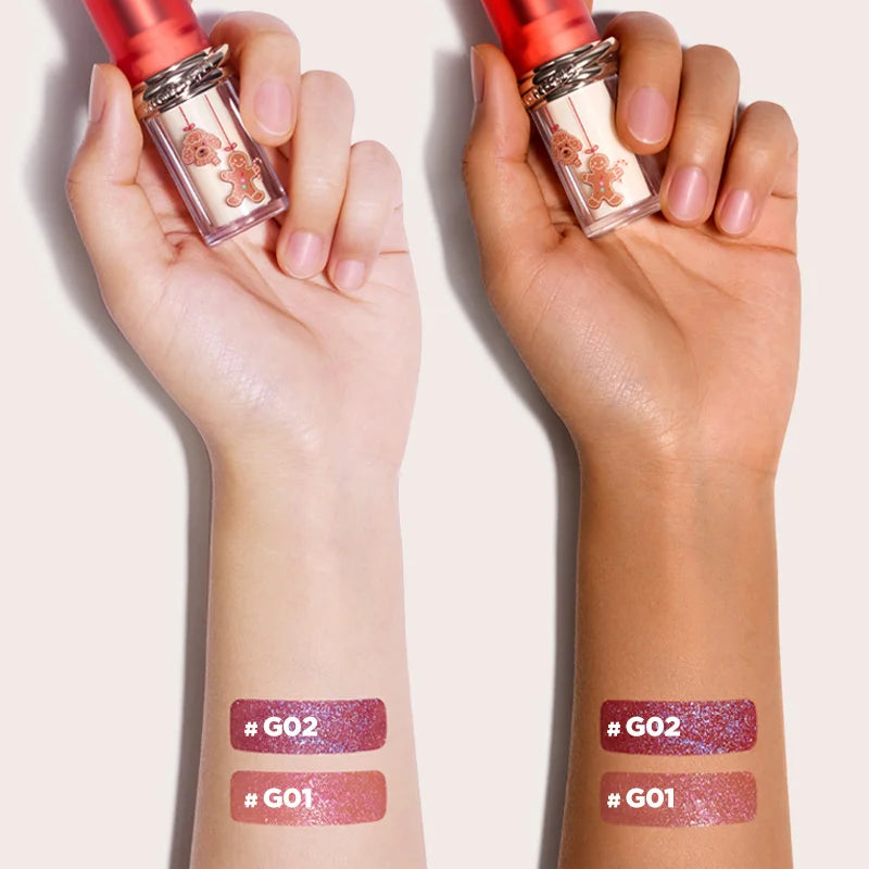Judydoll PDRN Stay Shine Lipstick Holiday Gift 2-Piece Set swatches on fair and warm skin tones showing #01 Spiced Ginger and #02 Glazed Berry